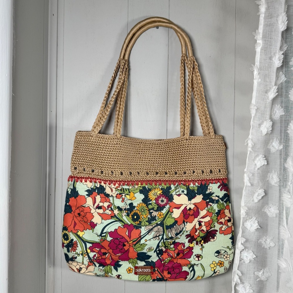 Sakroots Canvas and Crochet Tote Boho Floral Print Braided Handles Retro Bright